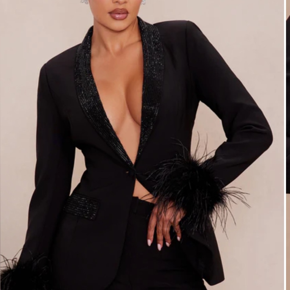 Fashion Nova Black Feather-Cuff Blazer Jacket